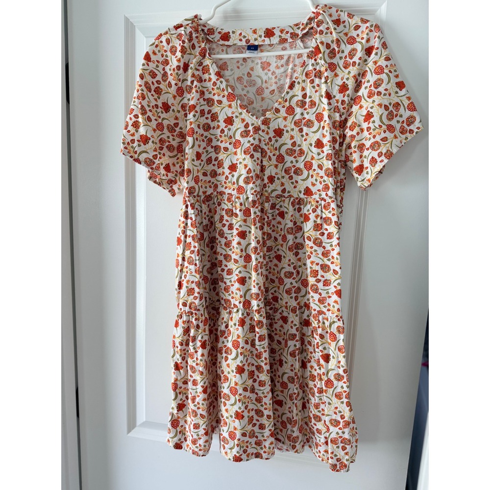 Old Navy Womens XS Orange Floral Tiered Mini Dress Short Sleeve V-Neck Boho